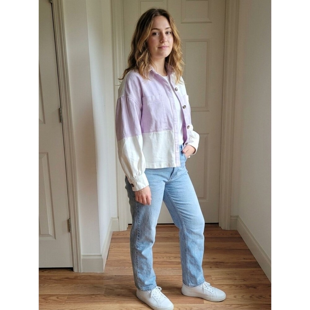 Listicle Pastel Colorblock Denim Shacket Lavender Cream Oversized Jacket Size S